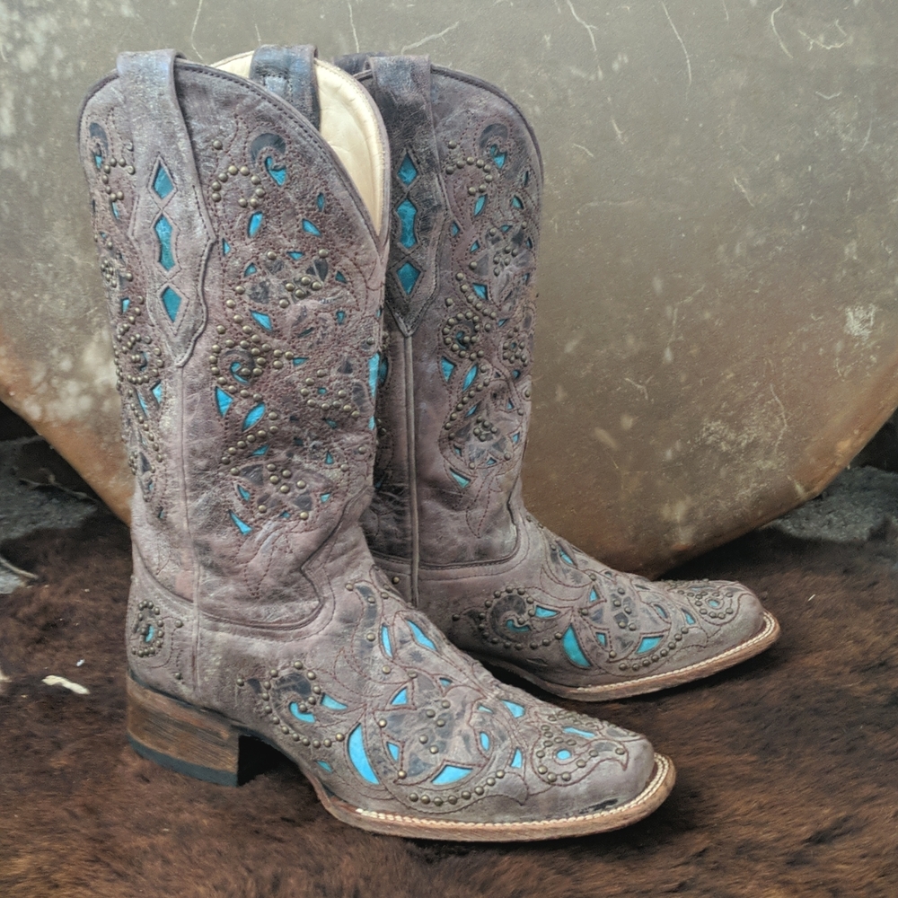 CORRAL A1149 brown studded leather cowgirl western boots turquoise inlay sz 7
